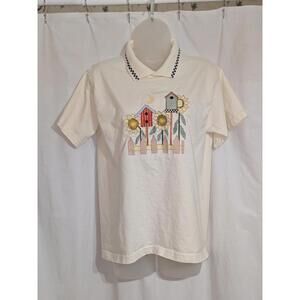 VTG 90s Hand Embroidered Folk Art Cottagecore Polo Shirt W/ Bird Houses Sz S
